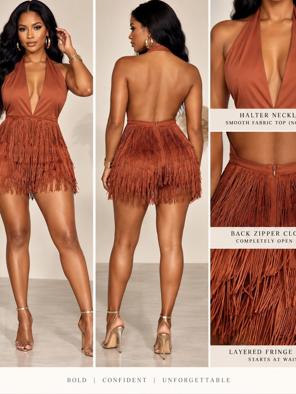 Rust Burnt Orange Fringe Halter Romper Size Medium